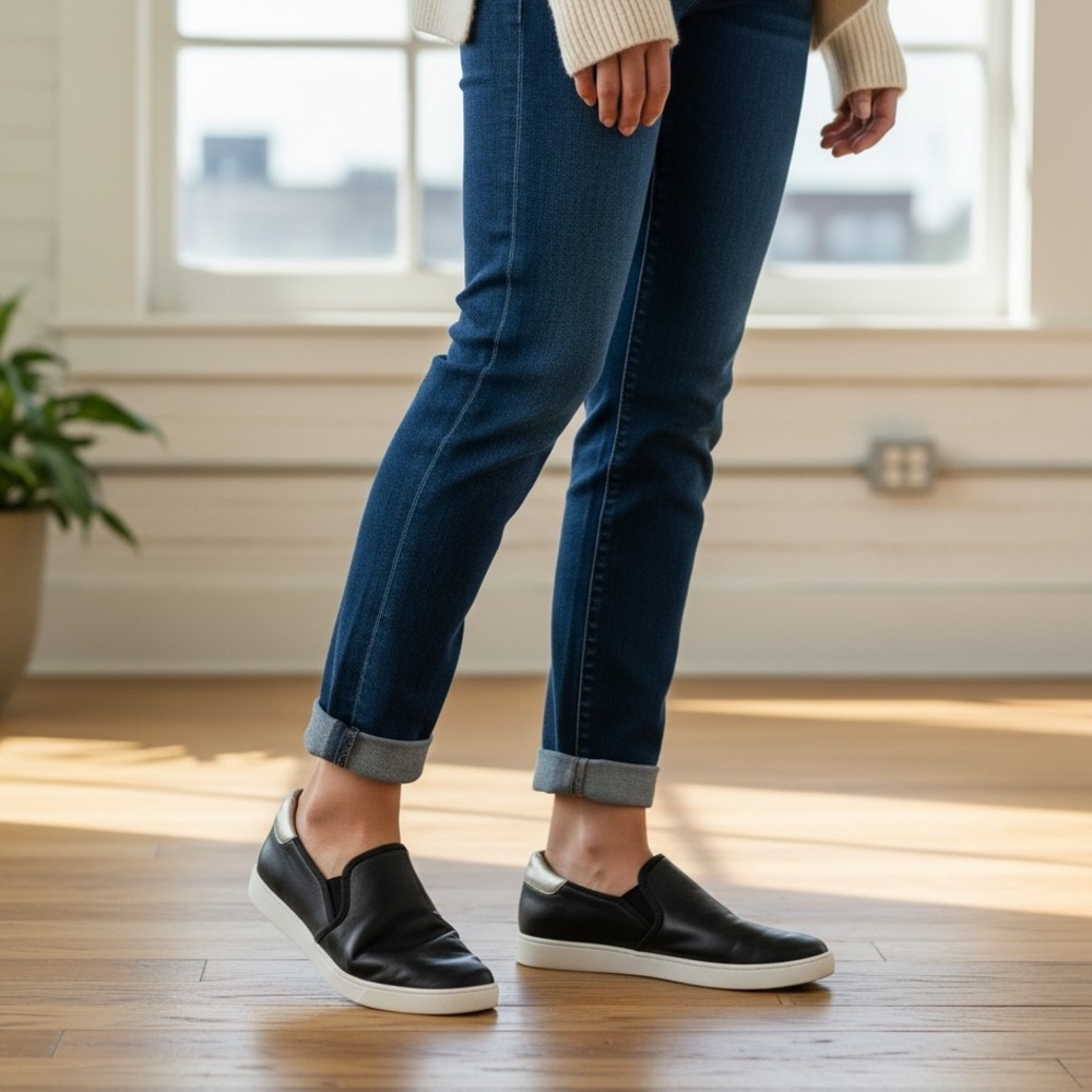 UGG Cas Leather Slip-On Sneakers – Black w/ Metallic Heel – Women’s 9